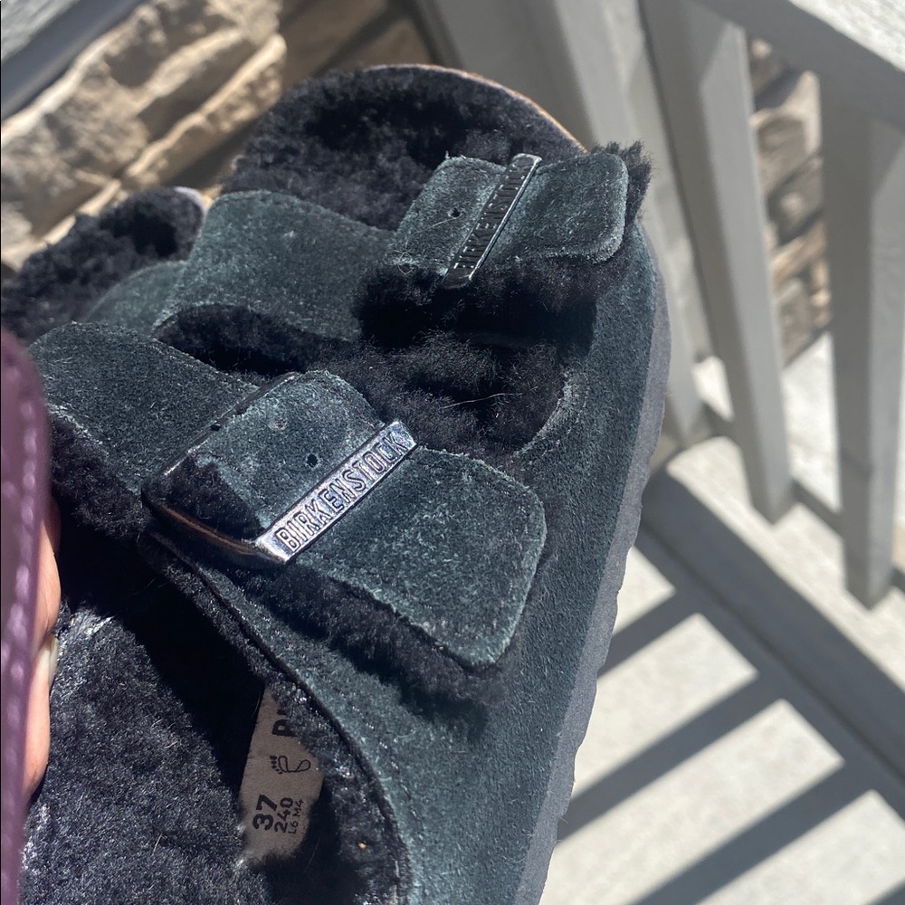 Birkenstock Black Furry Double Buckle Slide - Picture 9 of 11